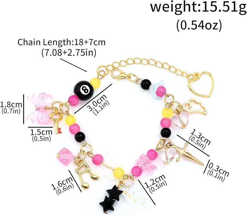 Black 8 Ball Charm Bracelet - Y2K Bow Dopamine Leaf Star Bracelets - Gift for Sister Bestie Friend