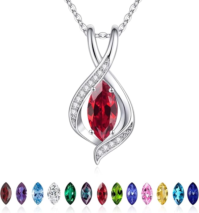 Iefil Valentines Day Gifts for Her, 925 Sterling Silver Marquise Birthstone Necklace Birthday Gifts Dainty Necklaces Birthstone Jewelry for Wife Daughter, 19"+2" Inches