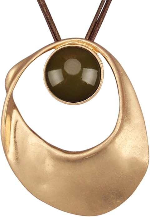 GelConnie Leather Necklace for Women Large Pendant Long Brown Necklace Circle Leather Choker Vintage Sweater Necklace Gold Chunky Boho Necklaces for Women
