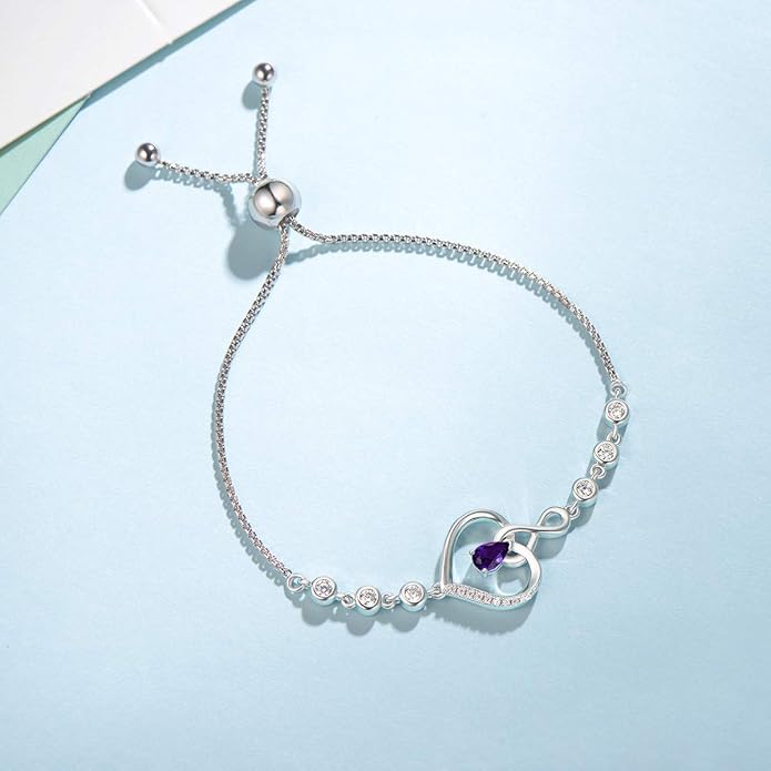 AGVANA Valentines Day Gifts Heart Birthstone Bracelets for Women Sterling Silver Genuine or Created Gemstone Tennis Bracelet Infinity Love Jewelry Anniversary Birthday Gifts for Wife Mom Women