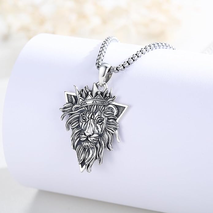 Cuoka Lion Necklace for Men Women S925 Sterling Silver King Retro Punk Gothic Hip Hop Rock Animal Lion Head Pendant Charm Jewelry Chain Necklace Viking Protection Amulet Necklaces