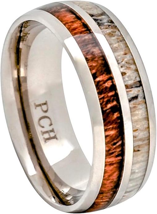 Deer Antler and Koa Wood Ring Titanium Mens Wedding Band Comfort Fit