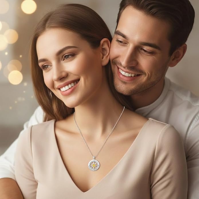 Compass Necklace for Women Wife Girlfriend Mom Daughter Gifts S925 Sterling Silver Jewelry For Anniversary Rose Gold Gifts For Birthday Christmas Mothers Valentines Day 12 Birthstones