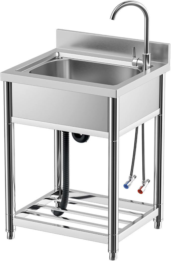 Free Standing Stainless-Steel Single Bowl Commercial Kitchen Sink w/Faucet by KINGBO