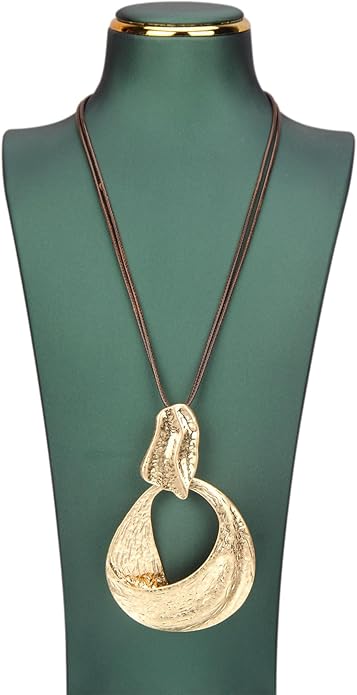 GelConnie Leather Necklace for Women Large Pendant Long Brown Necklace Circle Leather Choker Vintage Sweater Necklace Gold Chunky Boho Necklaces for Women