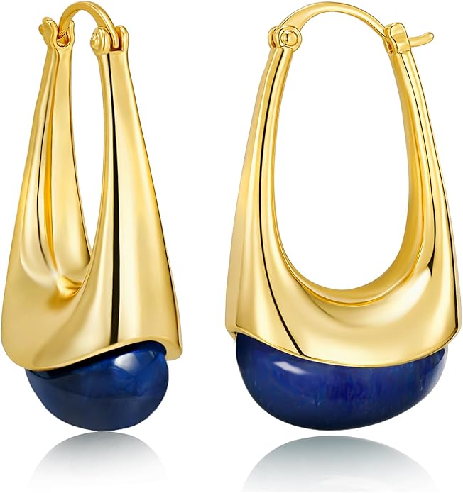 Long Oval Chunky Dangle 18K gold plated Hoops with Colored Resin Gemstone Statement Earrings for Women by SNGIA, (Green, Brown, Blue, Pink, White, Cream), Bold Drop Handmade Exaggerated Irregular Trendy Bohemian Jewelry Gifts, Unique Dangling Teardrop ...