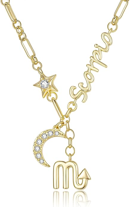 14K Gold/Rose Gold Zodiac Necklace for Women - Horoscope Constellation Pendant with Moon and Star, Luxury Birthday Gifts Jewelry for Her (12 Zodiac Signs)