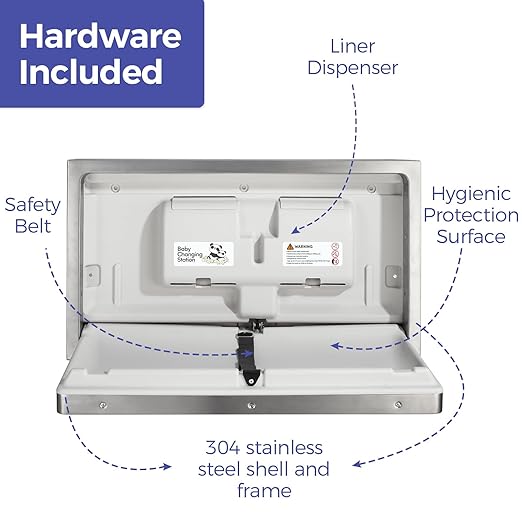Panda Care Stainless Steel Surface Mounted Baby Changing Station, Heavy Duty Foldable Diaper Changing Table with Liner Dispenser and Adjustable Safety Belt for Commercial and Business