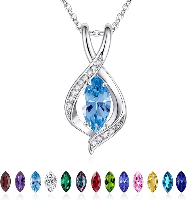 Iefil Valentines Day Gifts for Her, 925 Sterling Silver Marquise Birthstone Necklace Birthday Gifts Dainty Necklaces Birthstone Jewelry for Wife Daughter, 19"+2" Inches