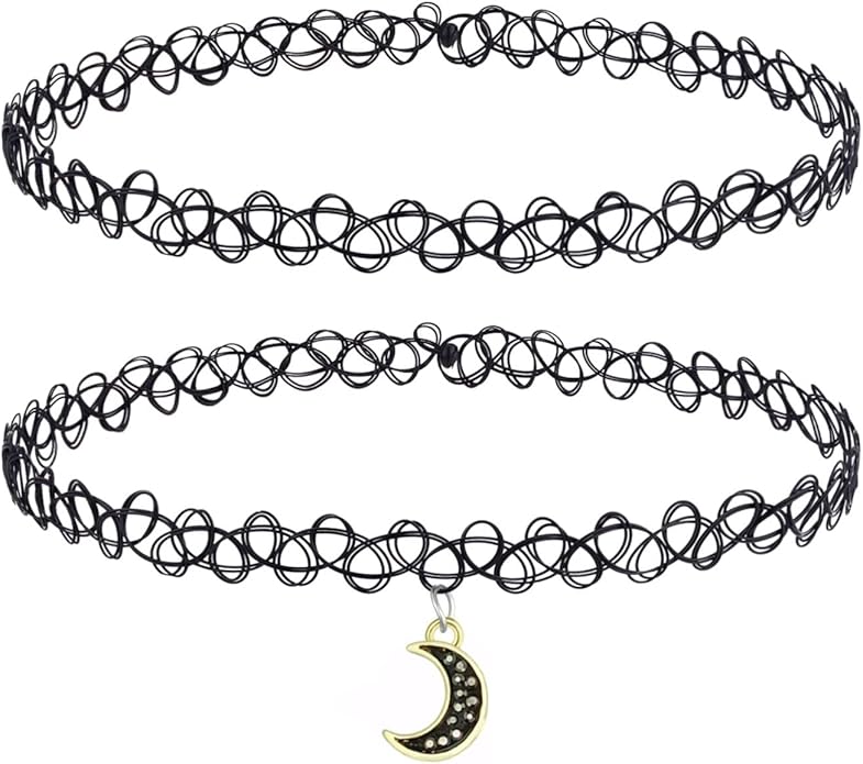 BodyJ4You 2PC Tattoo Choker Necklace - 90s Choker Necklace Women - 2000s Y2K Black Chokers Rainbow Choker - Butterfly Ying Yang Unicorn Rainbow Charms - Stretchy Elastic Necklace