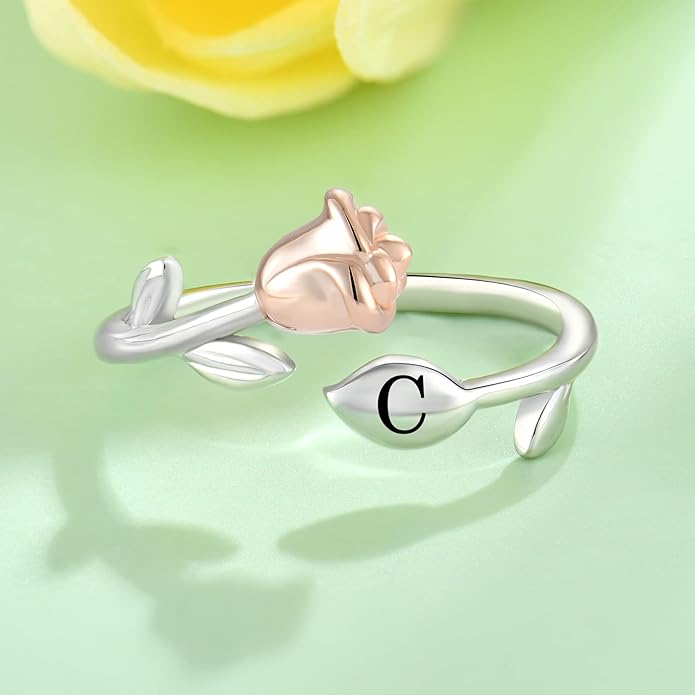 STARCHENIE Rose Initial Ring for Women 925 Sterling Silver Letters A-Z 26 Alphabet Adjustable Ring Size 7