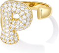 KissYan Bubble Initial Ring Valentines Day Gifts for Women, 14k Gold Plate Balloon Jumbo Letter Rings Open Adjustable Dainty Pave CZ Personalized Fashion Trendy Statement Jewelry