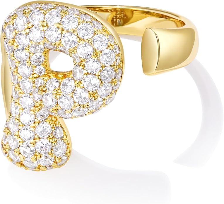 KissYan Bubble Initial Ring Valentines Day Gifts for Women, 14k Gold Plate Balloon Jumbo Letter Rings Open Adjustable Dainty Pave CZ Personalized Fashion Trendy Statement Jewelry