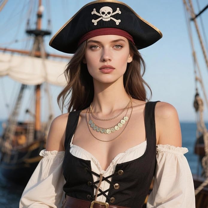 Pirate Necklace Chunky Gold Necklace for Women vintage Pirate Coin Pendant Necklace Fashion Chunky Chain Choker Necklaces Pirate Costume Women Men Jewellery