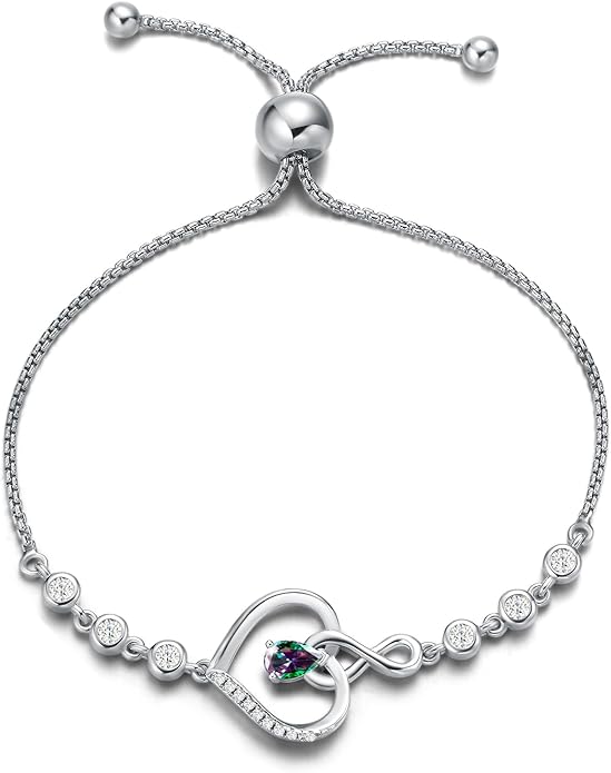 AGVANA Valentines Day Gifts Heart Birthstone Bracelets for Women Sterling Silver Genuine or Created Gemstone Tennis Bracelet Infinity Love Jewelry Anniversary Birthday Gifts for Wife Mom Women