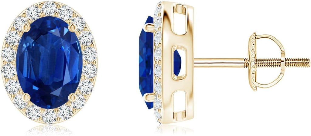 ANGARA Natural Blue Sapphire Earrings for Women | Prong-Set Oval Blue Sapphire Stud Earrings with Diamond Halo in 14K Solid Gold/Platinum | September Birthday, Anniversary, Gemstone Jewellery Gift