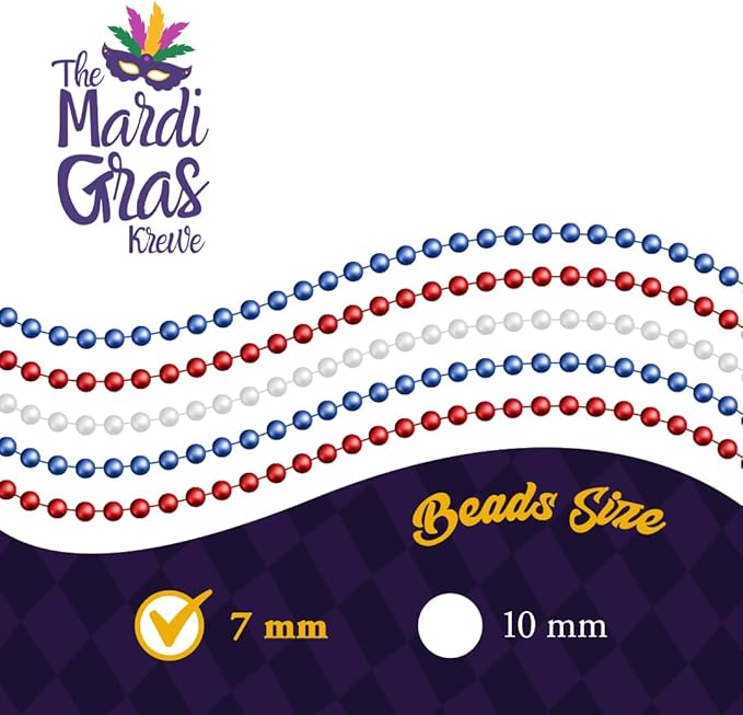 THE MARDI GRAS KREWE - Beads Necklaces Mardi Gras 72 Pack, 6 Dozen 33" 7mm - Party Favors, Parades, Bulk Decorations, Costumes, Festivals, Events - Red White Blue