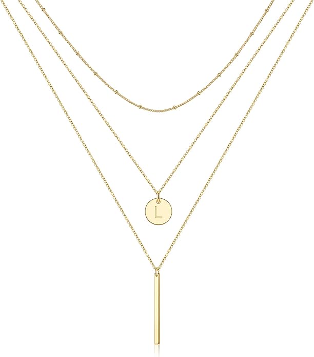 Valentines Gifts for Her - Initial Layered Necklaces for Women, 14K-Gold-Plated Coin Letter Necklace Bar Stacking Layer Necklace Multi Bar Layering Y-Necklaces Jewelry for Women