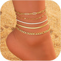 iF YOU Gold Ankle Bracelets for Women, 14k Gold Plated Waterproof Cuban Link Chain Anklets Set, Layered Anklet Bracelets for Women Beach Gift Adjustable Size 5pc