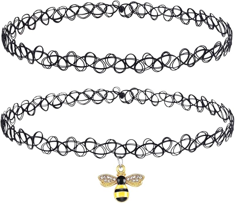 BodyJ4You 2PC Tattoo Choker Necklace - 90s Choker Necklace Women - 2000s Y2K Black Chokers Rainbow Choker - Butterfly Ying Yang Unicorn Rainbow Charms - Stretchy Elastic Necklace