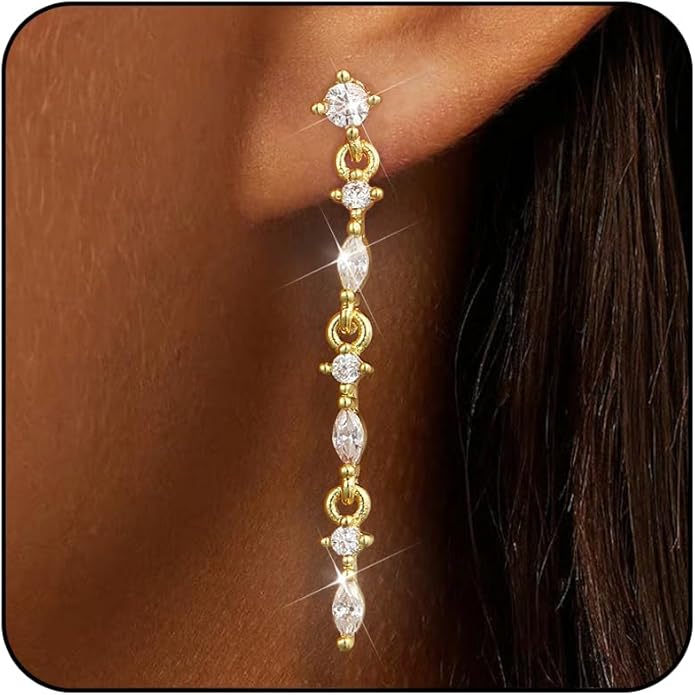 14K Gold Plated Dangle Earrings for Women Dainty Silver Drop Earring Trendy Small Long Dangling Wedding Bridesmaid Hoop Diamond Crystal Cute Earring Jewelry Valentine Gifts