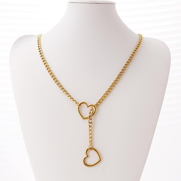 Heart Slip Chain Necklaces for Women,Stainless Steel O-Ring Adjustable Lariat Y-Necklace,Punk Gothic Cuban Collar Choker Necklace for women