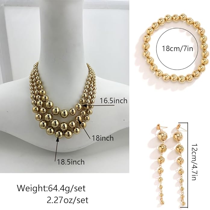 YBMYCM Gold-plated Beaded Jewelry Set Chunky Multi Strands Choker Necklace Bracelet Earrings Set for Women