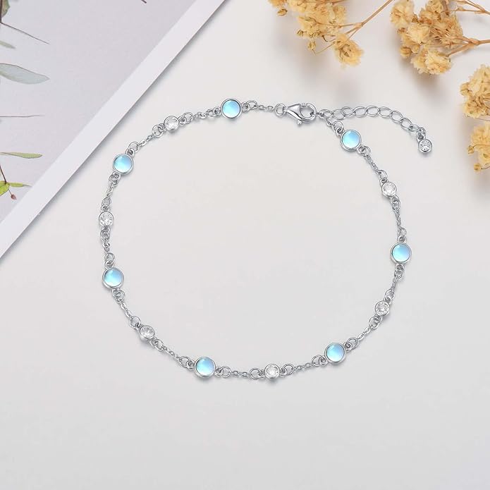 Anklet Bracelet for Women 925 Sterling Silver Natural Stone Chain Ankle Bracelet Beach Summer Fine Jewelry Valentines Day Birthday Gifts for Her Mom Wife