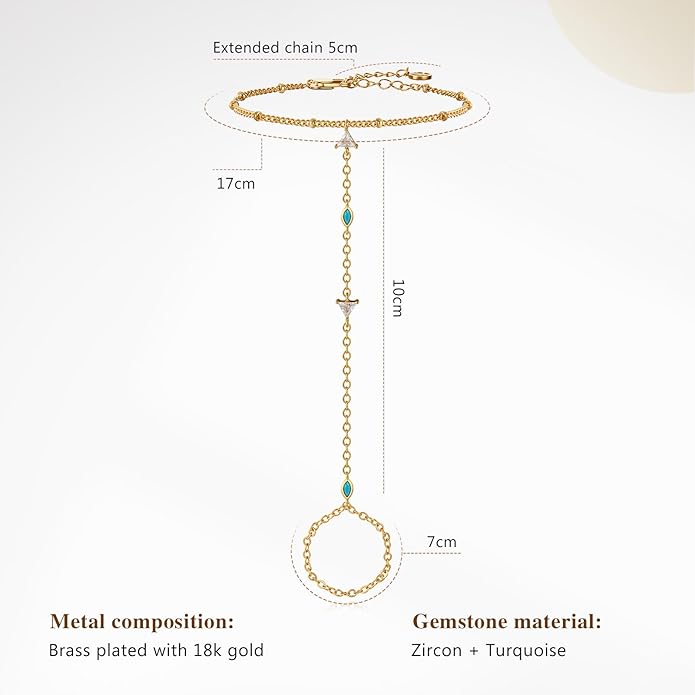 Cicy Bell Hand Chain 18k Gold Plated Bracelet for Women Trendy Teardrop Cubic Zirconia Adjustable Finger Ring Slave Dainty Bracelets Jewelry Gifts