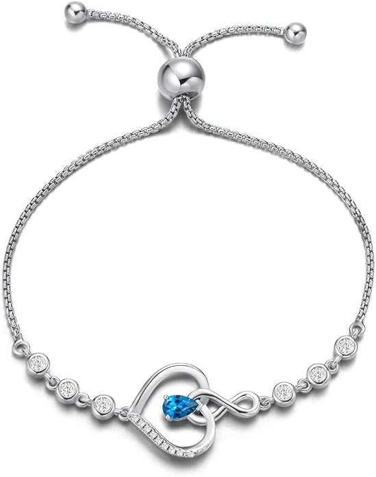 AGVANA Valentines Day Gifts Heart Birthstone Bracelets for Women Sterling Silver Genuine or Created Gemstone Tennis Bracelet Infinity Love Jewelry Anniversary Birthday Gifts for Wife Mom Women