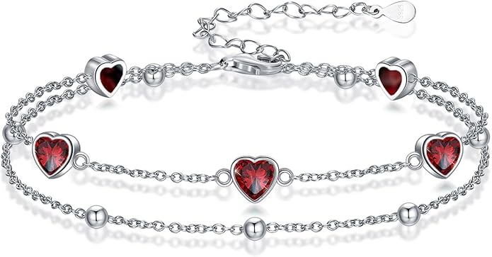 Birthstone Anklet/Bracelets for Women 925 Sterling Silver Charm Link Double Strand Heart Birthstone Jewelry Gift for Wife Women Mother's Day Gift
