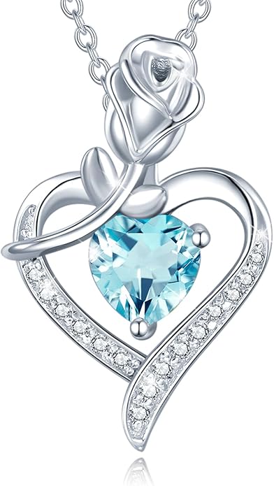 AGVANA Valentines Day Gifts Rosy Reverie Birthstone Necklace for Women Sterling Silver Genuine or Created Gemstone Rose Flower Heart Pendant Necklace Anniversary Birthday Gifts for Women Mom Wife Her