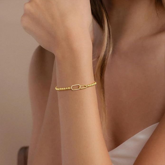 Gold Bracelets for Women, Cute 14K Gold/Silver Plated Stretch Beaded Bracelets for Women Trendy Stackable Charm Bracelet Dainty Adjustable Waterproof Non Tarnish Jewelry Gifts for Her