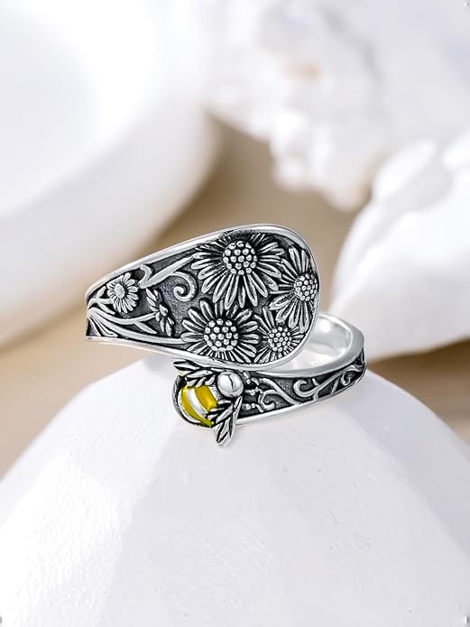 Midari Sun and Moon/Bee/Celtic/Life of Tree/Lotus Spoon Ring for Women 925 Sterling Silver Adjustable Ring Open Ring for Women Men Halloween Birthday Gift