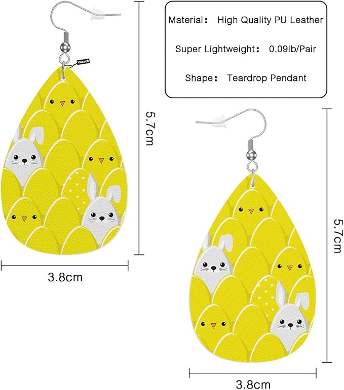 Rabbits Fashion Leather Teardrop Ear Rings Yellow Cute Easter Eggs And Bunny Chicks Leather Leaf Earrings Jewelry For Women Friends