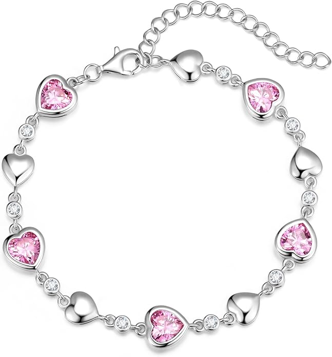 Carleen Birthstone Bracelets for Women 925 Sterling Silver Five Heart Station Created Gemstone Tennis Bracelet Jewelry Anniversary Birthday for Wife, 7"+1.2" Extender