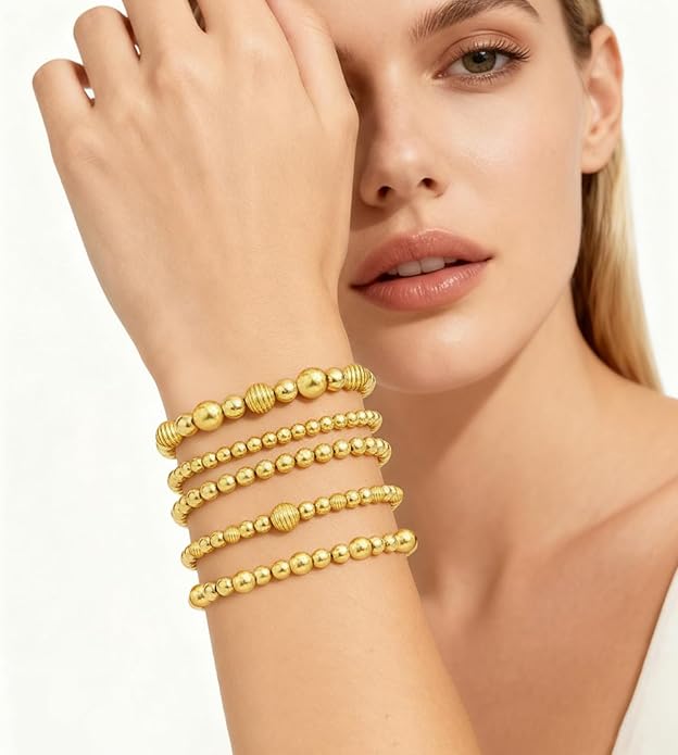 Gold Bracelets for Women Waterproof, 14K Gold Plated Beaded Cross Bracelets Set,Boho Stretch Bracelets Stackable Jewelry for Women Teenage Girls Jewelry Christmas Gifts