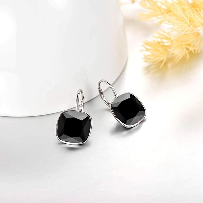 AOBOCO Sterling Silver Leverback Earrings Embellished with Crystals from Austria, Hypoallergenic Cushion Cut Square Crystal Earrings, Fine Anniversary Birthday Jewelry Gifts for Women