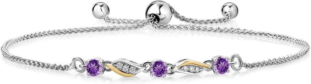 Gem Stone King 3-Stone Adjustable Bracelet for Women | 925 Silver and 10K Yellow Gold | Gemstone Birthstone and Lab Grown Diamond | Round 3MM | Two-Tone Adjustable Tennis Bracelet Up to 9 Inch