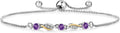 Gem Stone King 3-Stone Adjustable Bracelet for Women | 925 Silver and 10K Yellow Gold | Gemstone Birthstone and Lab Grown Diamond | Round 3MM | Two-Tone Adjustable Tennis Bracelet Up to 9 Inch