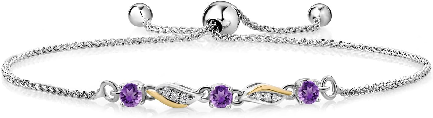 Gem Stone King 3-Stone Adjustable Bracelet for Women | 925 Silver and 10K Yellow Gold | Gemstone Birthstone and Lab Grown Diamond | Round 3MM | Two-Tone Adjustable Tennis Bracelet Up to 9 Inch
