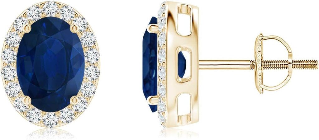 ANGARA Natural Blue Sapphire Earrings for Women | Prong-Set Oval Blue Sapphire Stud Earrings with Diamond Halo in 14K Solid Gold/Platinum | September Birthday, Anniversary, Gemstone Jewellery Gift