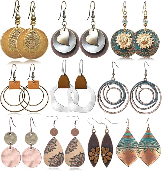 10 Pairs Vintage Dangle Earrings for Women Boho Jewelry Set Sunflower Geometric Teardrop Earring Christmas Gifts