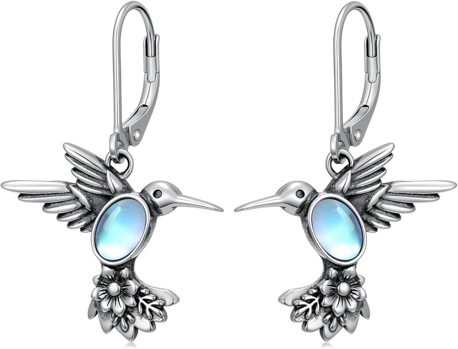 Hummingbird with Moonstone Dangle Earrings 925 Sterling Silver Hummingbird Leverback Earrings for Women