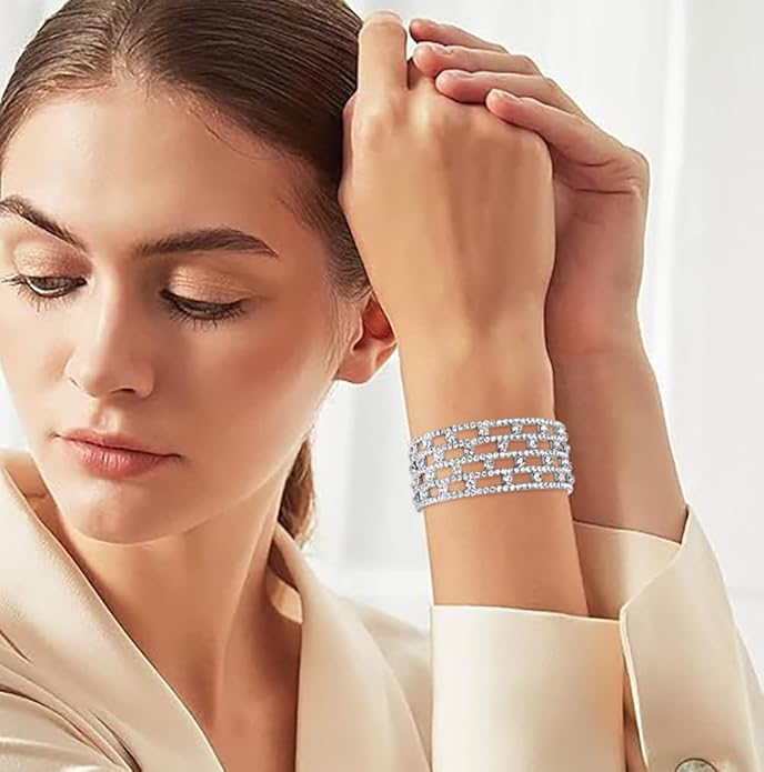 Rhinestone Bracelet for Women MultiLayer Crystal Cuff Bracelet Strand Layered Bracelet