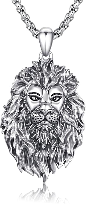 Cuoka Lion Necklace for Men Women S925 Sterling Silver King Retro Punk Gothic Hip Hop Rock Animal Lion Head Pendant Charm Jewelry Chain Necklace Viking Protection Amulet Necklaces