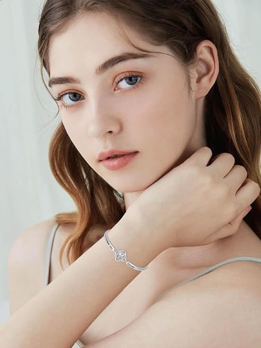 Valentines Day Gifts for Her, 18k White Gold Plated Love Knot Bracelets, Engraved Inspirational and Sentiment Bangle, Anniversary Birthday Jewelry Gift for Lover Wife Girlfriend Sister Friends