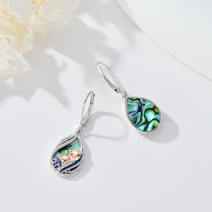 Animal Earrings 925 Sterling Silver Abalone Shell Dangle Drop Earrings Leverback Earrings Cute Animal Jewelry Gifts for Women Girlfriend