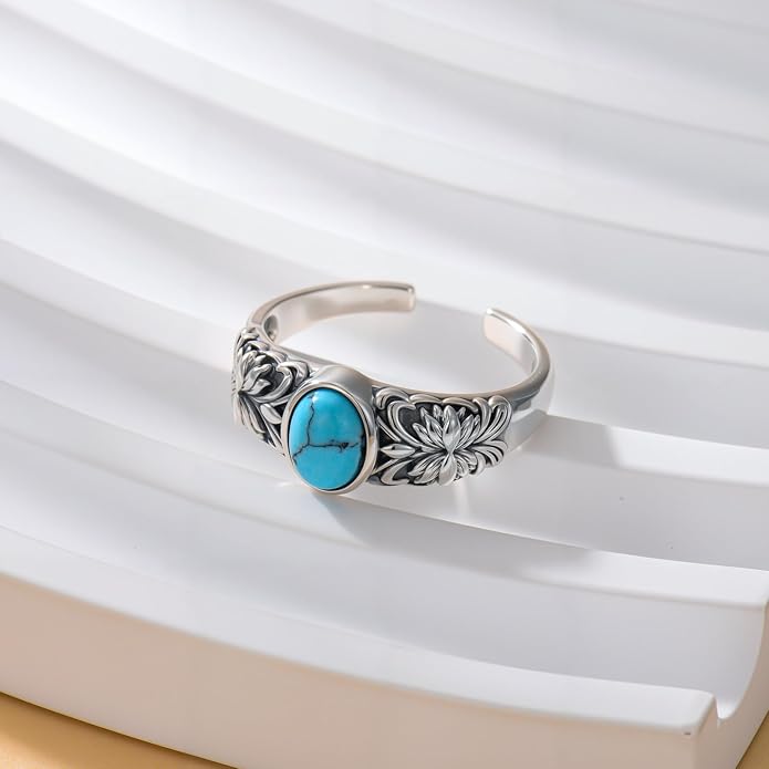 925 Sterling Silver Turquoise Adjustable Ring for Women, Vintage Bohemian Style Ring Jewelry Gifts for Mom Wife