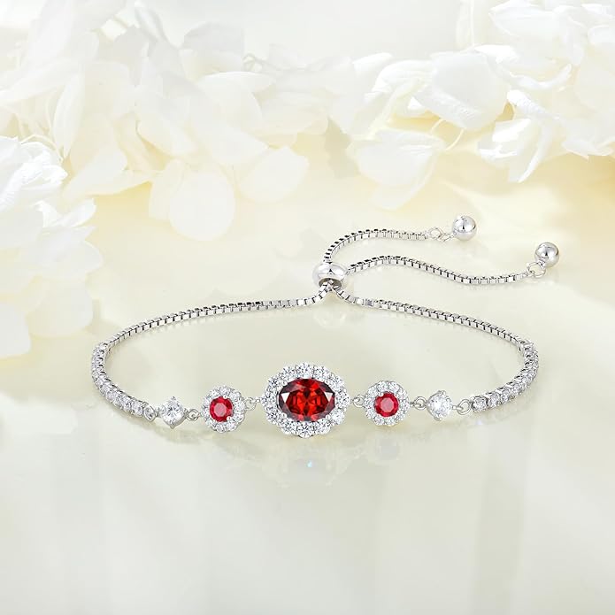 925 Sterling Silver Birthstone Bracelets for Women, Adjustable Halo Cubic Zirconia CZ Bracelet Anniversary Birthday Jewerly for Mom Wife